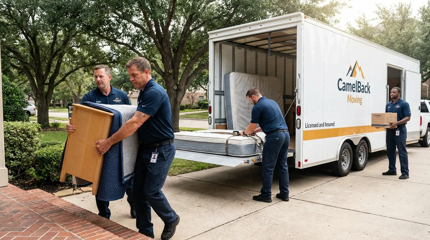Crew loading residential truck for cross-state move from Claude, TX