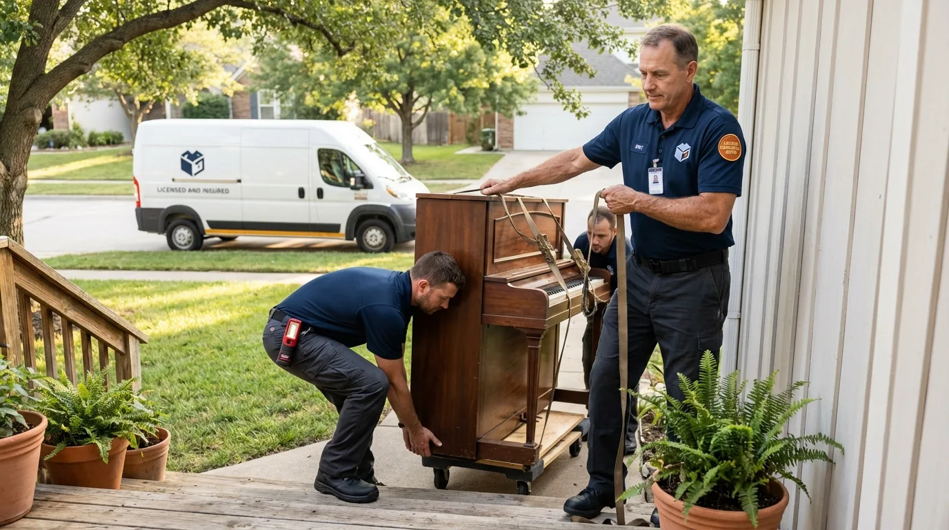 Licensed piano movers securing grand piano in Claude, TX
